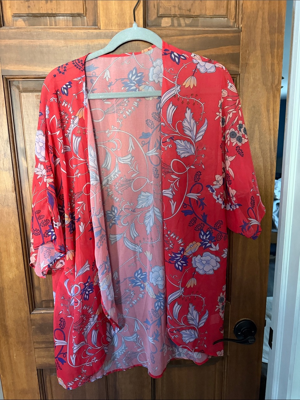 Source Unknown Coral-Red Floral Kimono Cover-Up